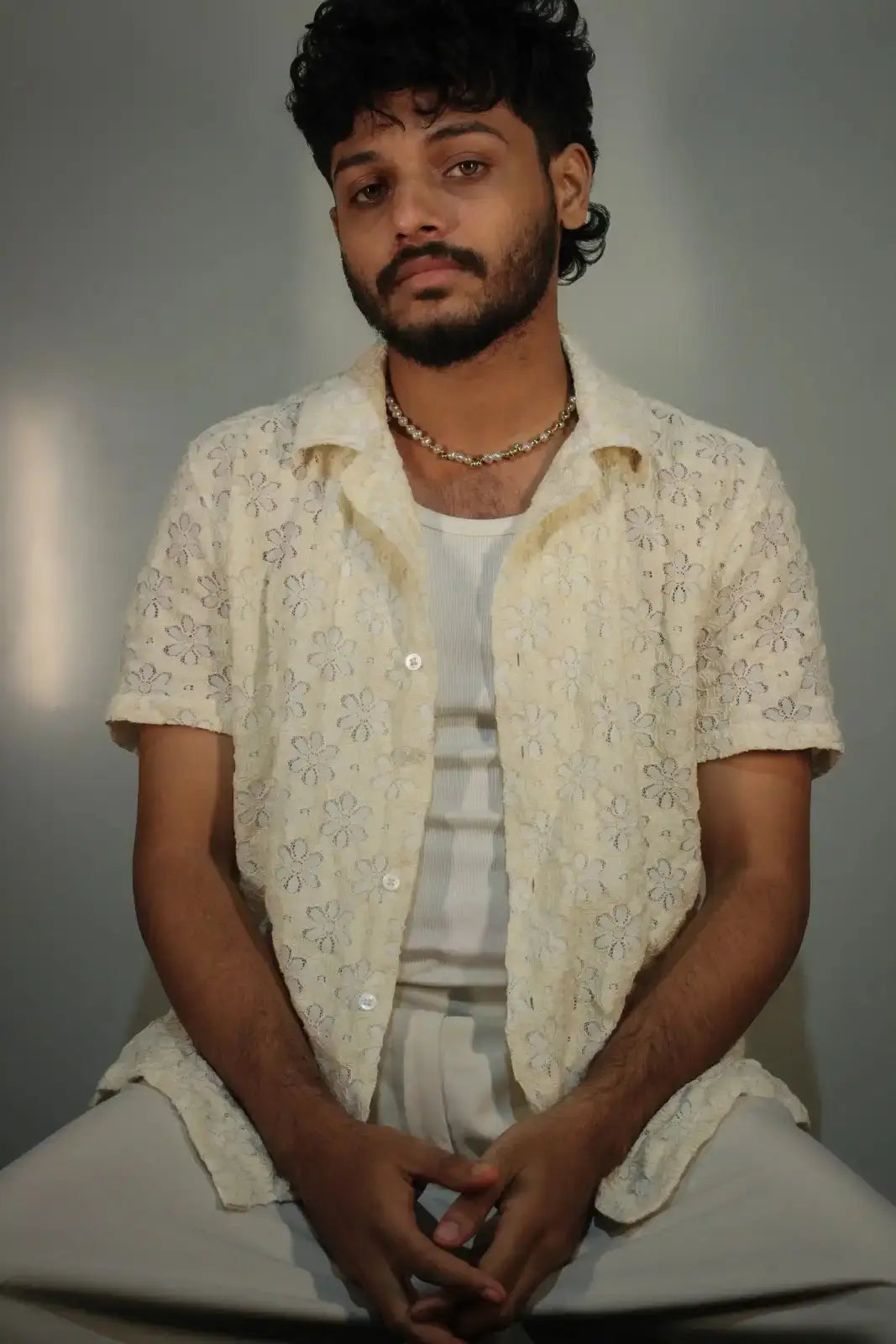 Crochet Dreamscape - Cuban Collar Half Shirt For Men - Oddlee